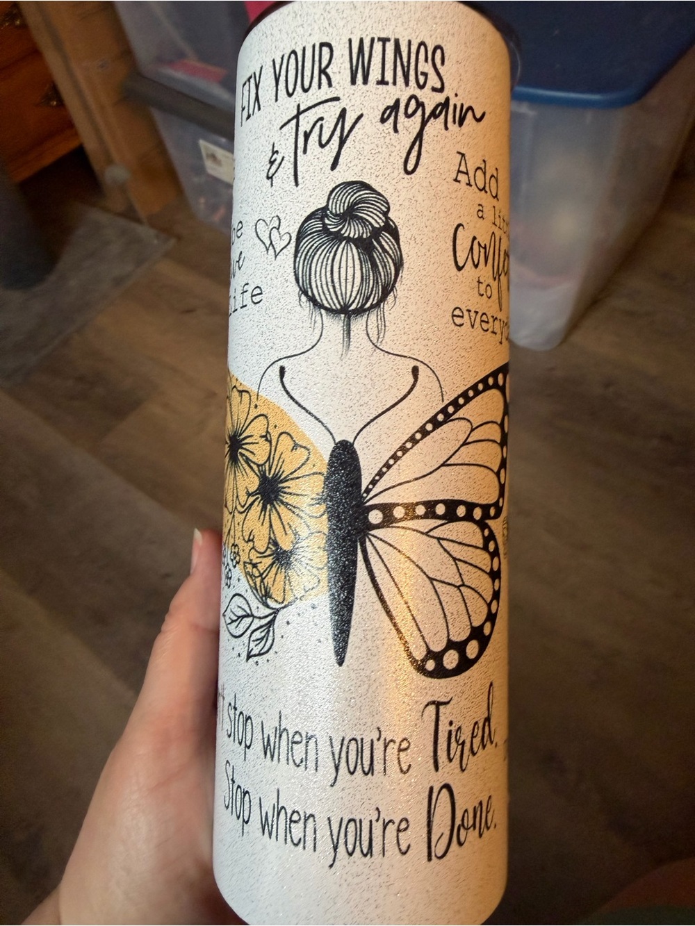 Inspirational Butterfly Glitter Tumbler - White & Glittery w/ Matte Finish